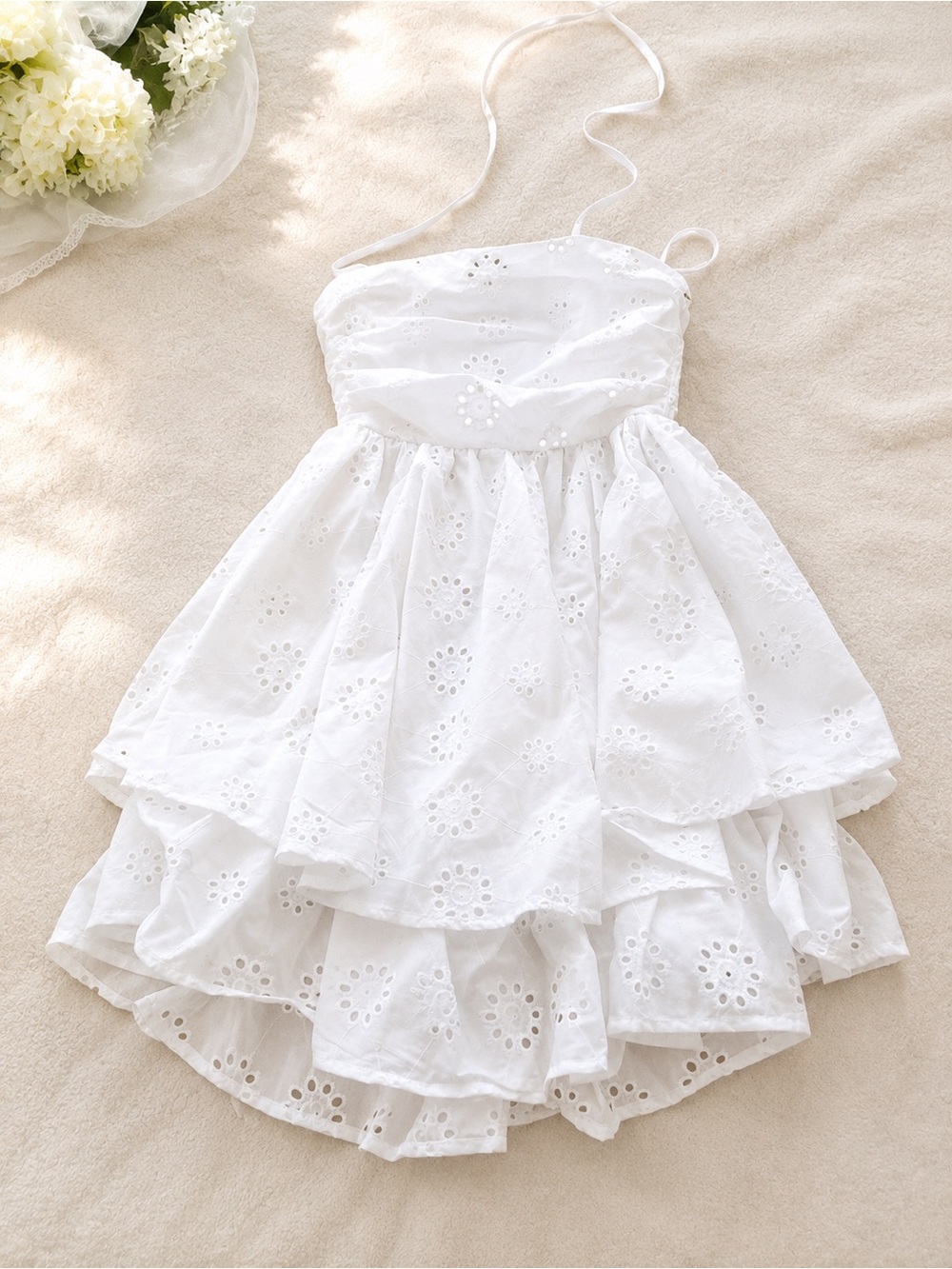 White Eyelet Tiered Spaghetti Strap Teen Dress